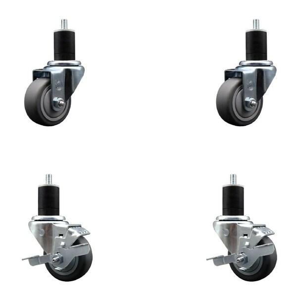 3'' Thermoplastic Rubber Wheel Swivel 1-3/4'' Expanding Stem Caster Set 2 Brakes, 4PK